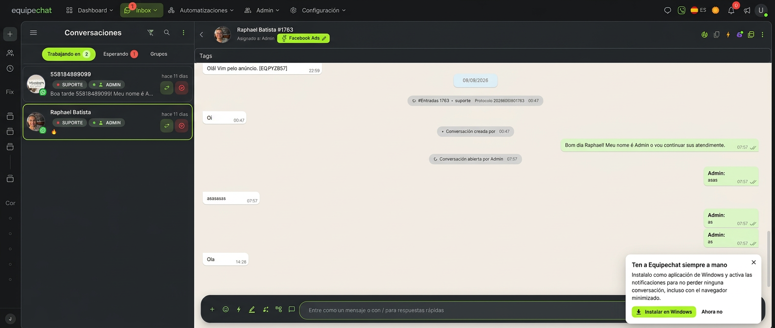 Pantalla real de Caixa de entrada omnicanal en Equipechat